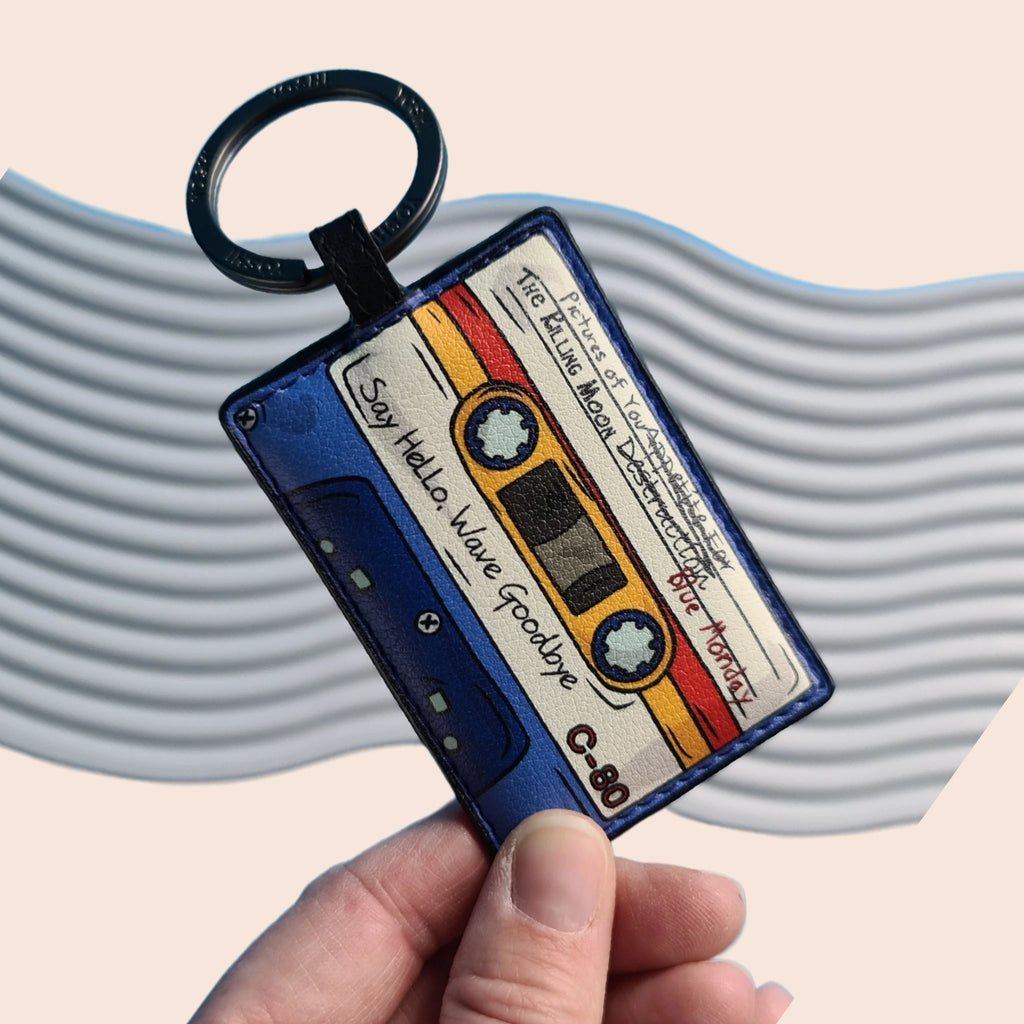 leather keyring shaped like a cassette 