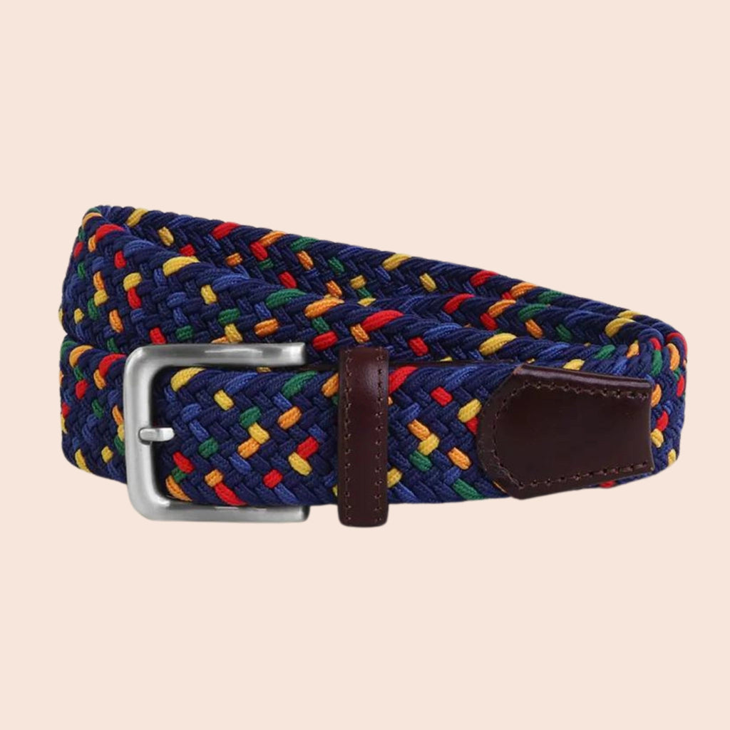 multicoloured woven elasticated belt with leather trims