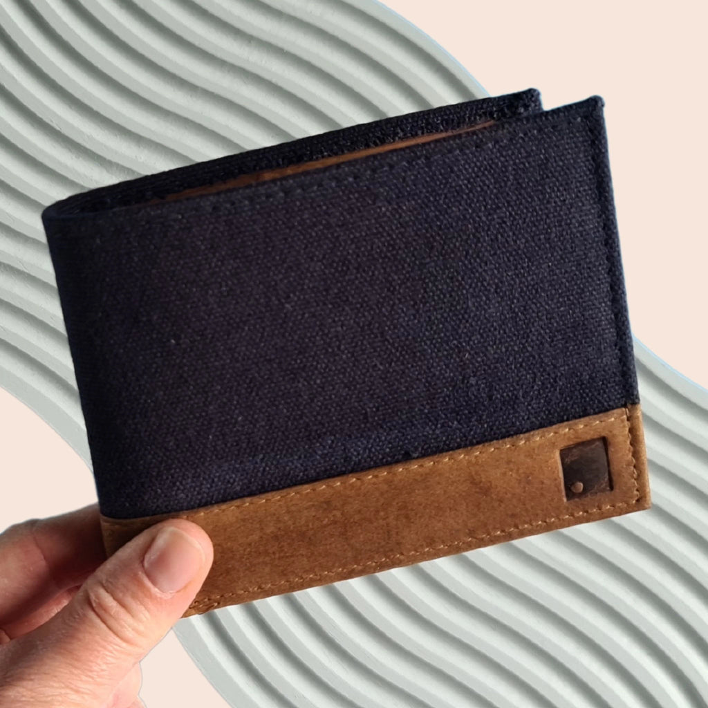 navy canvas and leather wallet